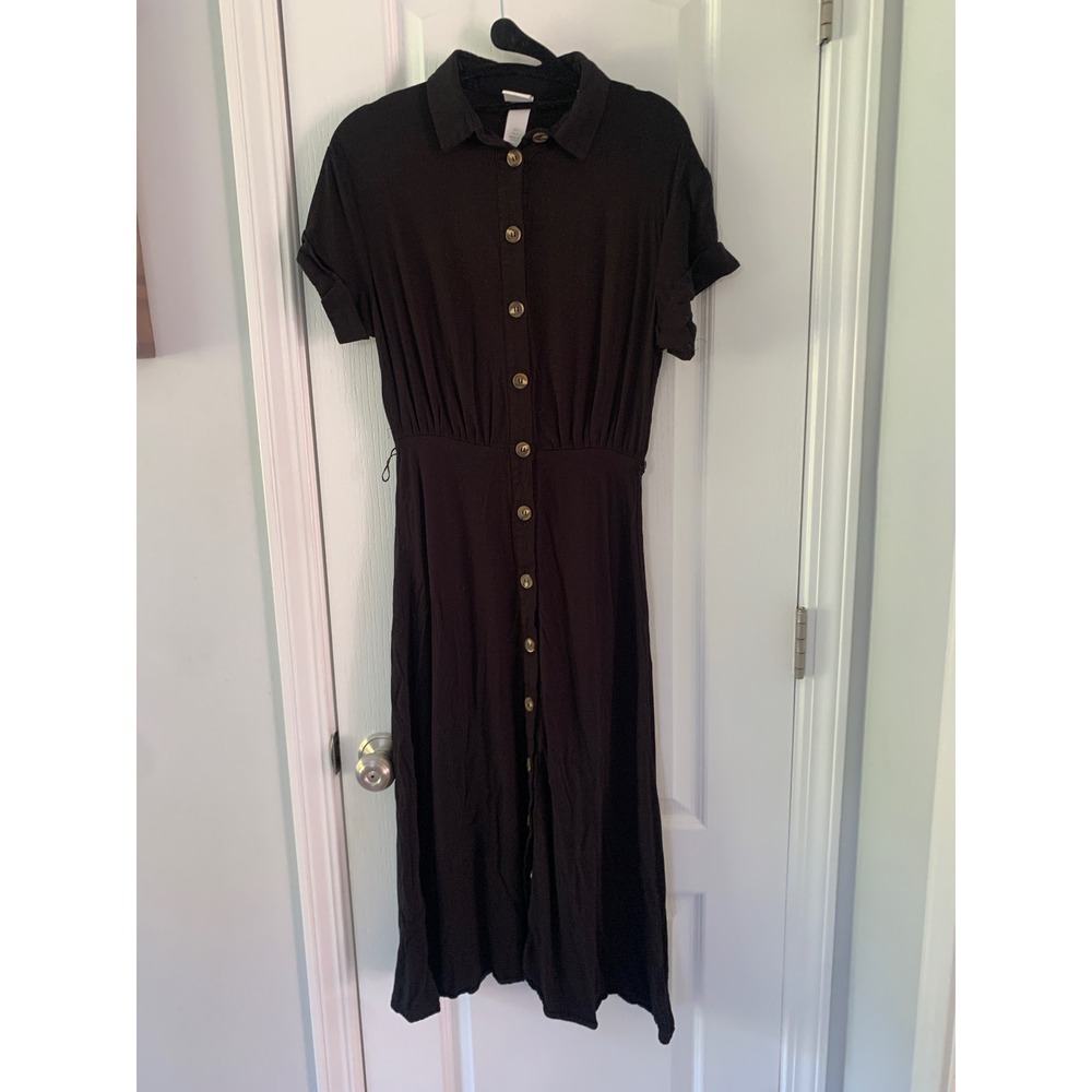 HM Women Black Button Down Midi Dress Short Sleeve Elastic Waist Viscose Size 2